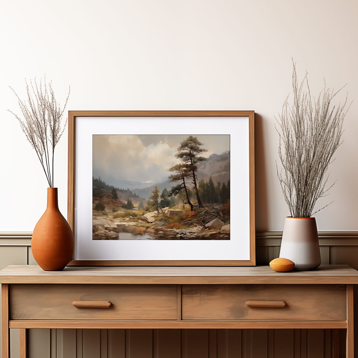 Mountain Pine Forest Stream Painting Misty Peak Nature Landscape Poster - Image 2