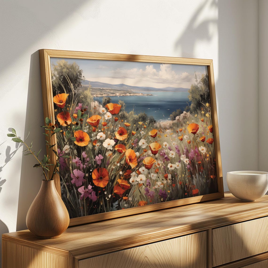 Poppy Field by the Sea Coastal Bloom Seaside Landscape Art Poster - Image 4