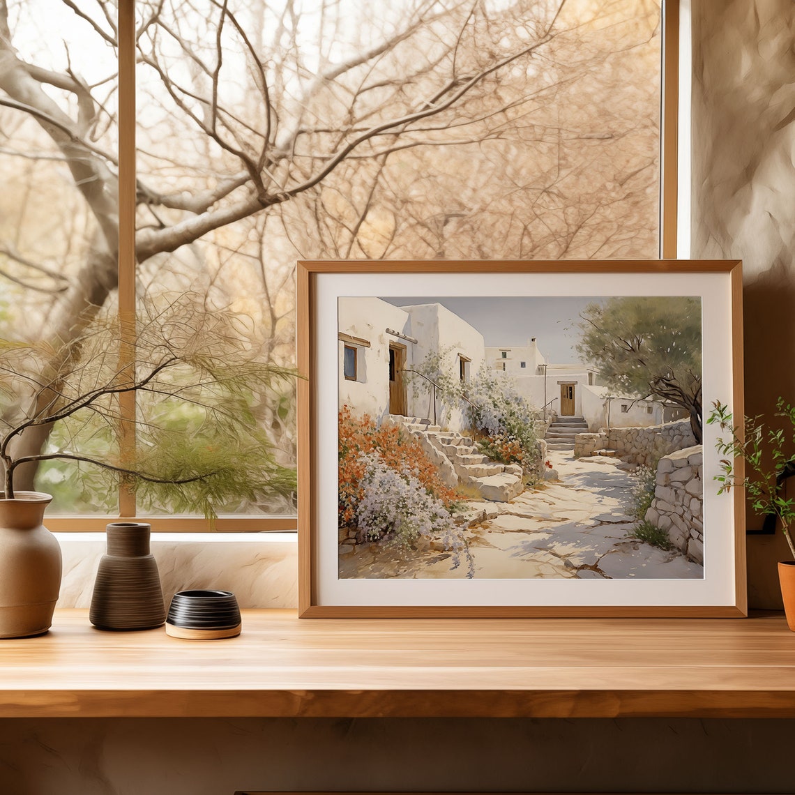 Greek Village Alley Painting Whitewashed Steps Flower Bougain Poster - Image 4