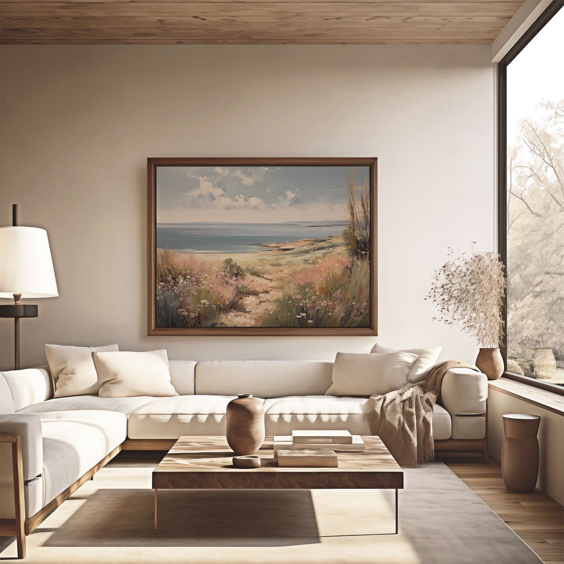 Serene Wildflower Dunes Sandy Beach Calm Sea Pastel Sky Poster - Image 4