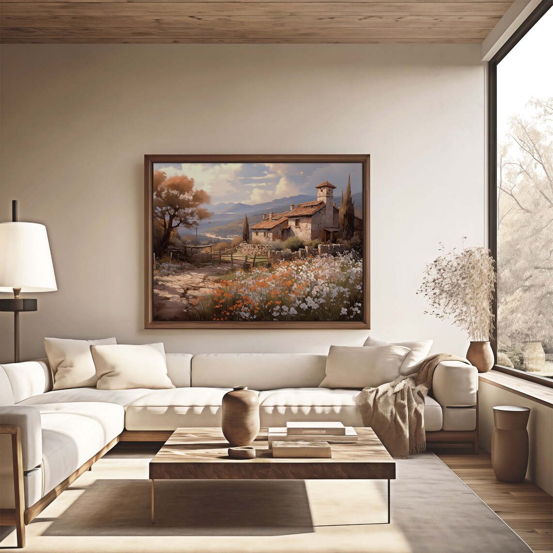 Stone Farmhouse Terracotta Roof Wildflower Field Mountains Oil Painting Poster - Image 4