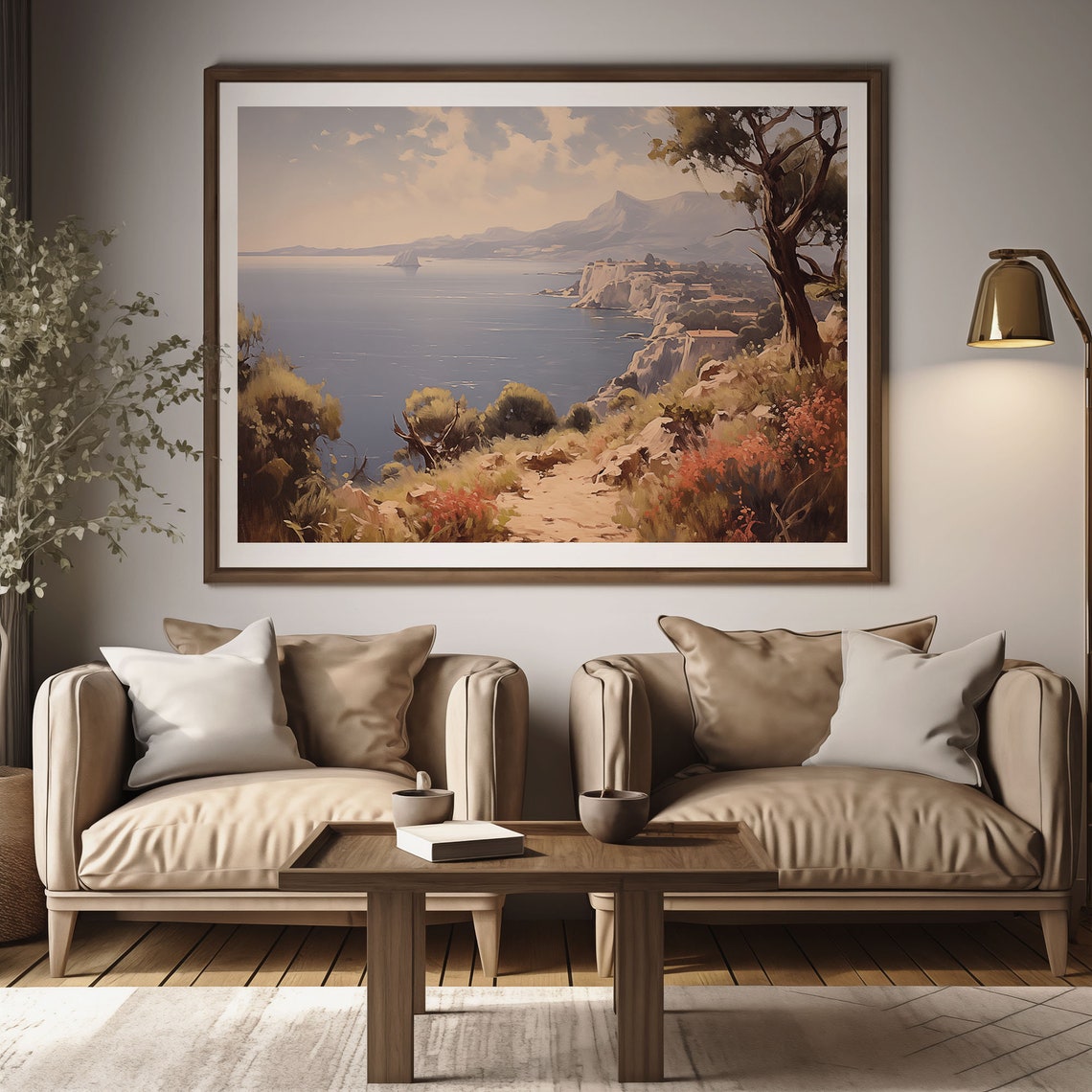 Cliff Trail with Pine Tree Overlooking Wide Bay Oil Painting Poster - Image 2