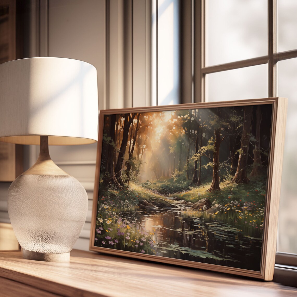 Sunrise Forest Pond Golden Sunbeams Wildflower Oil Painting Poster - Image 3
