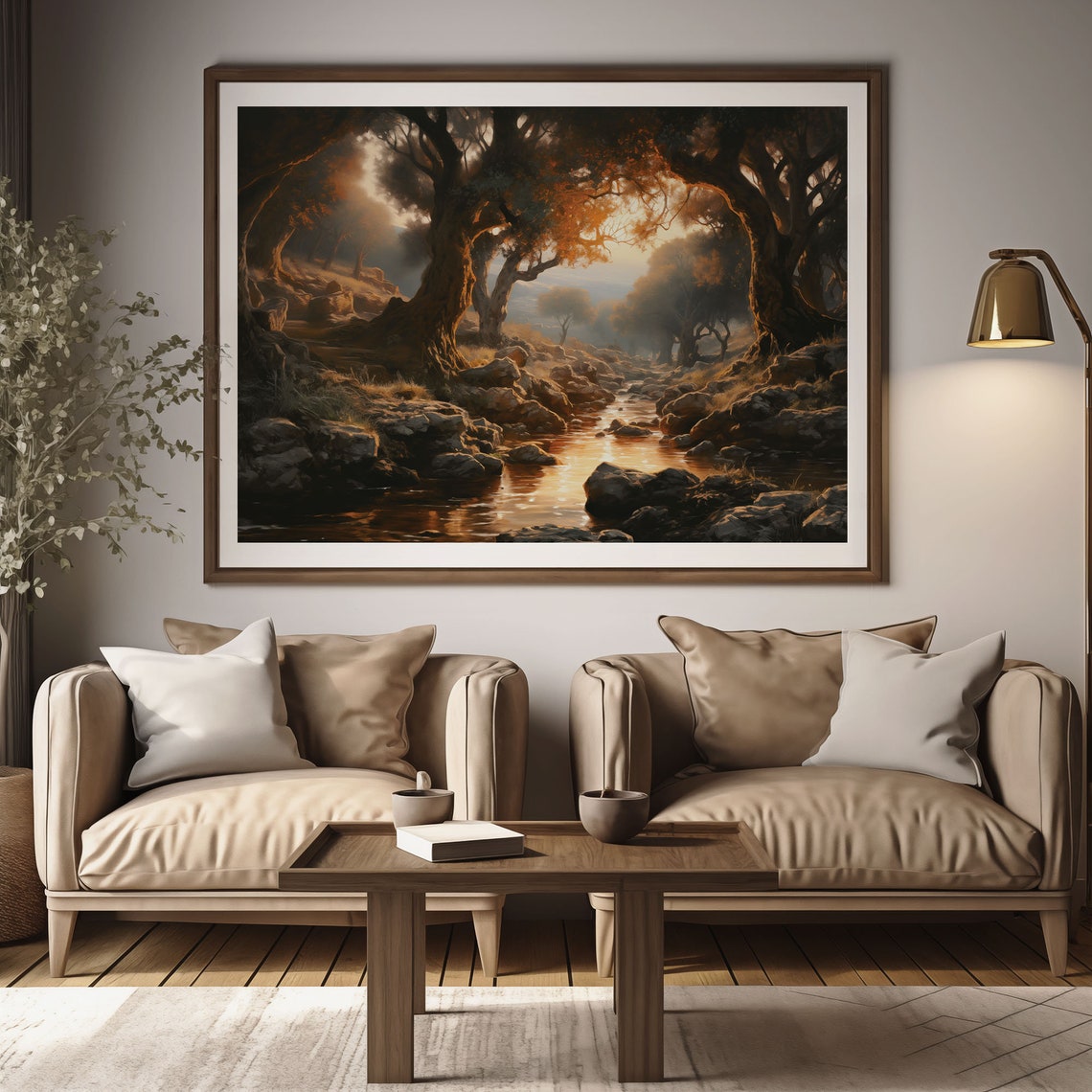 Golden Hour Creek Through Ancient Oak Trees Oil Painting Poster - Image 2