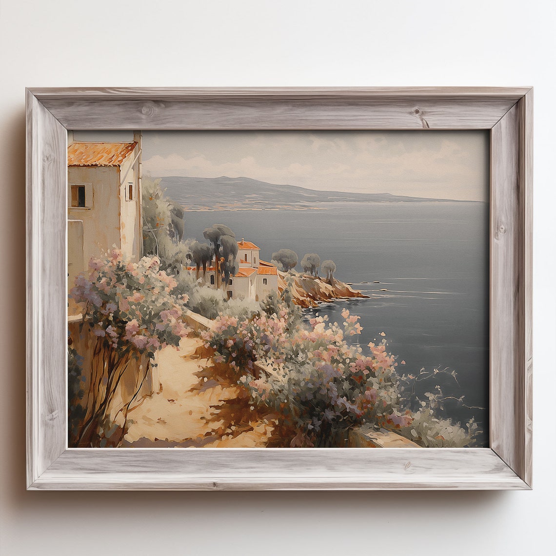 Mediterranean Coastal Village Painting Whitewash Sea View Poster