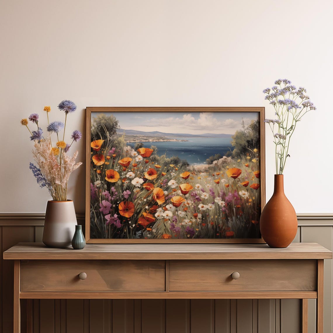 Poppy Field by the Sea Coastal Bloom Seaside Landscape Art Poster - Image 3