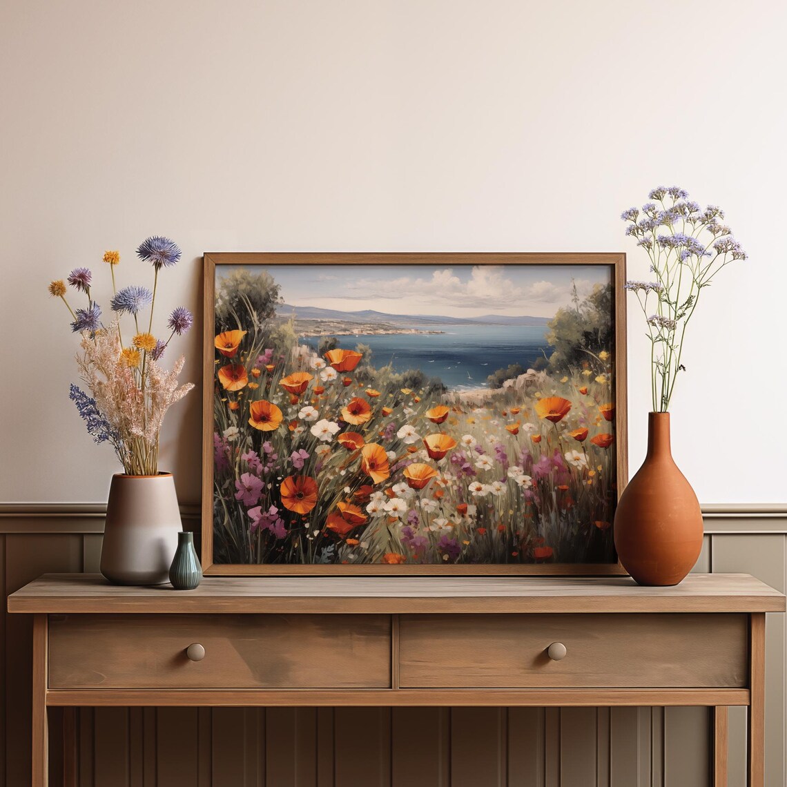 Vibrant Poppy Field By Sea Serene Italian Coastal Landscape Painting Colorful Wildflower Meadow And Ocean View Nature Inspired Wall Art - Image 3