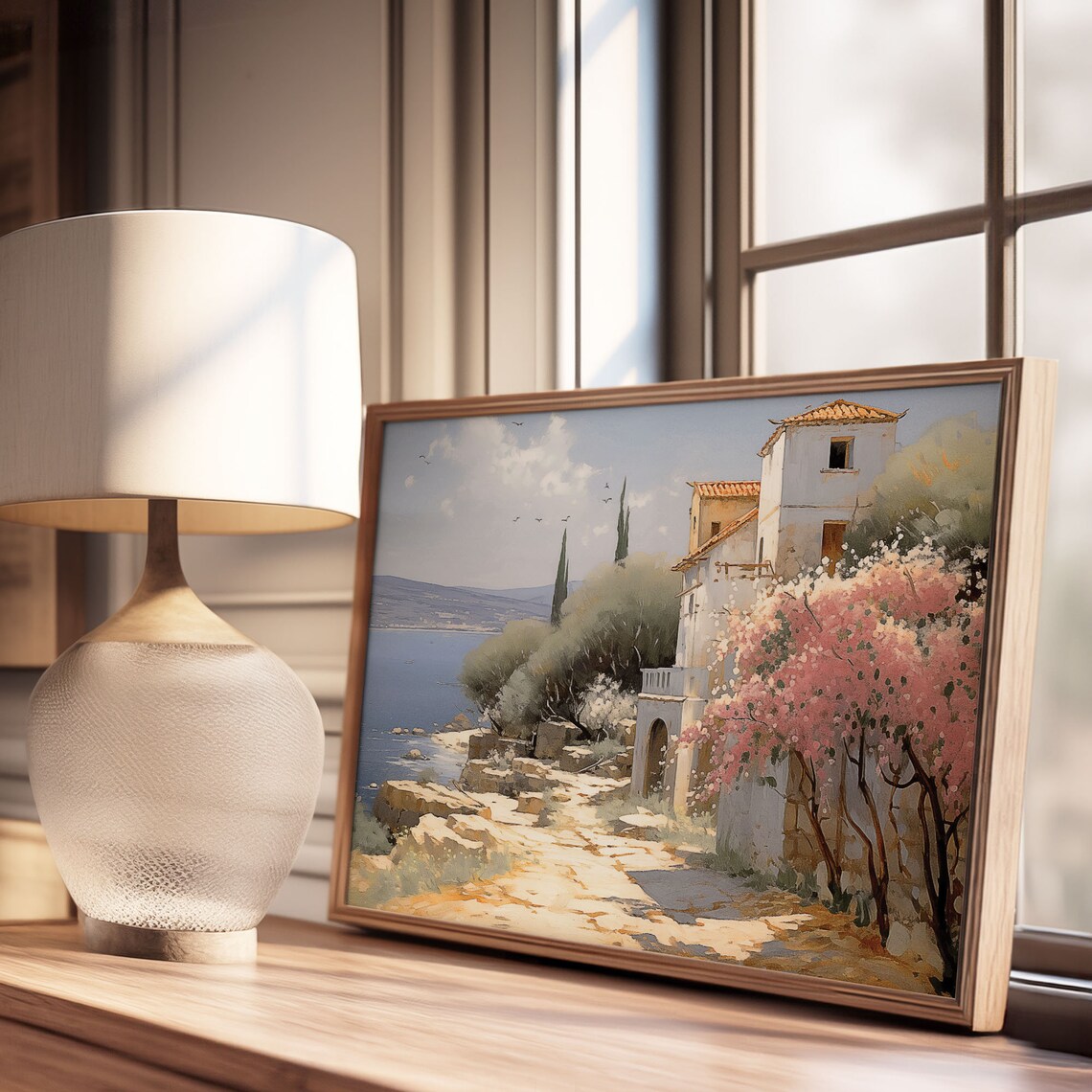 Mediterranean Seaside House Blossom Coastal Oil Painting Poster - Image 3