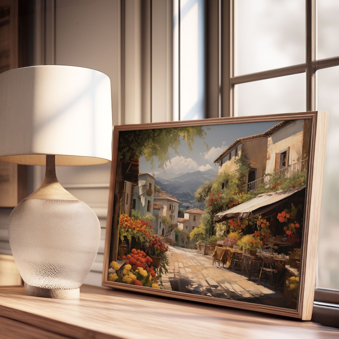 Mediterranean Market Street Flower Stalls Café Mountains Oil Poster - Image 2