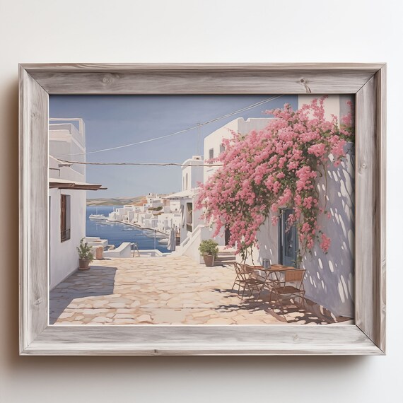 Greek Island Street With Pink Bougainvillea Harbor View Vintage Poster