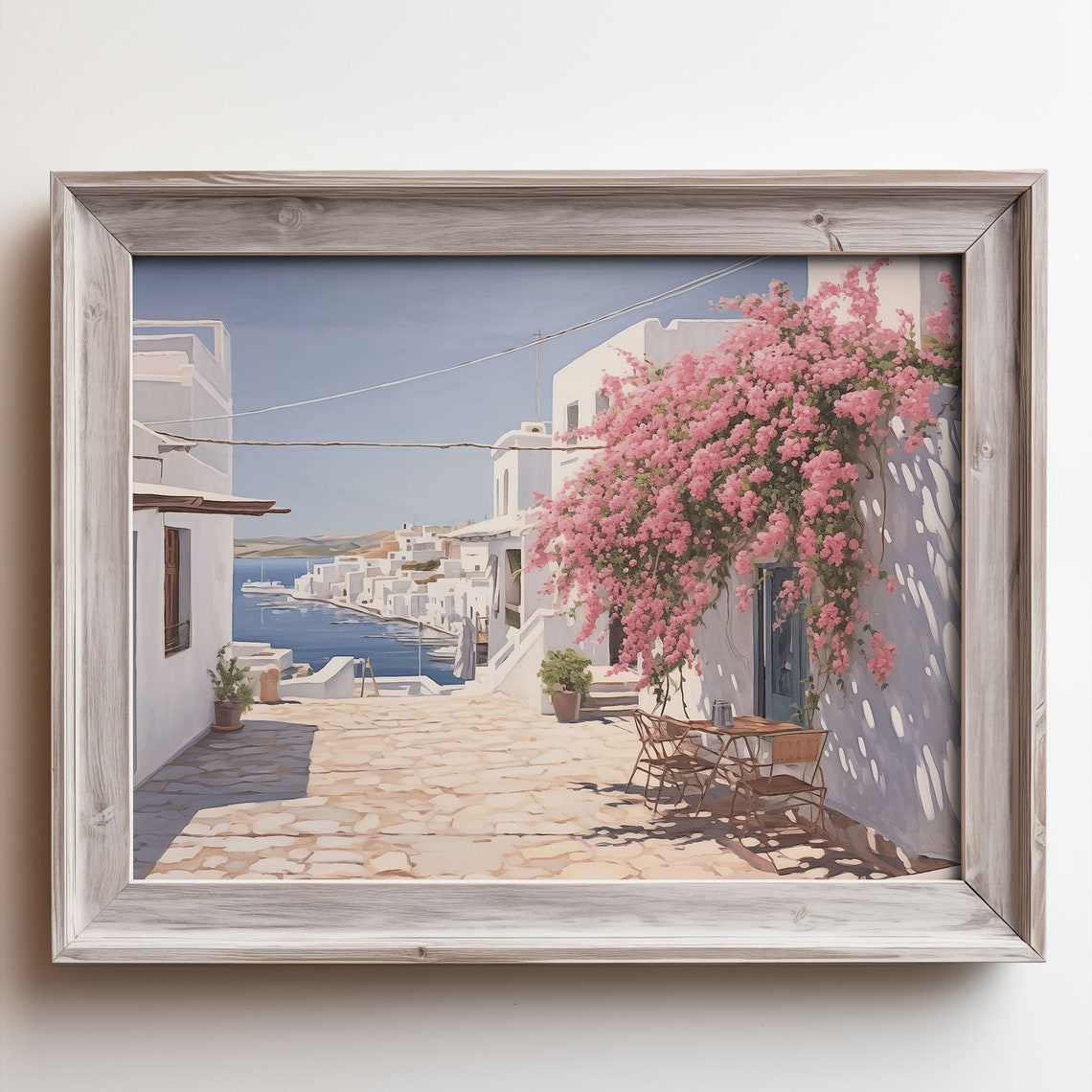 Greek Island Street With Pink Bougainvillea Harbor View Vintage Poster