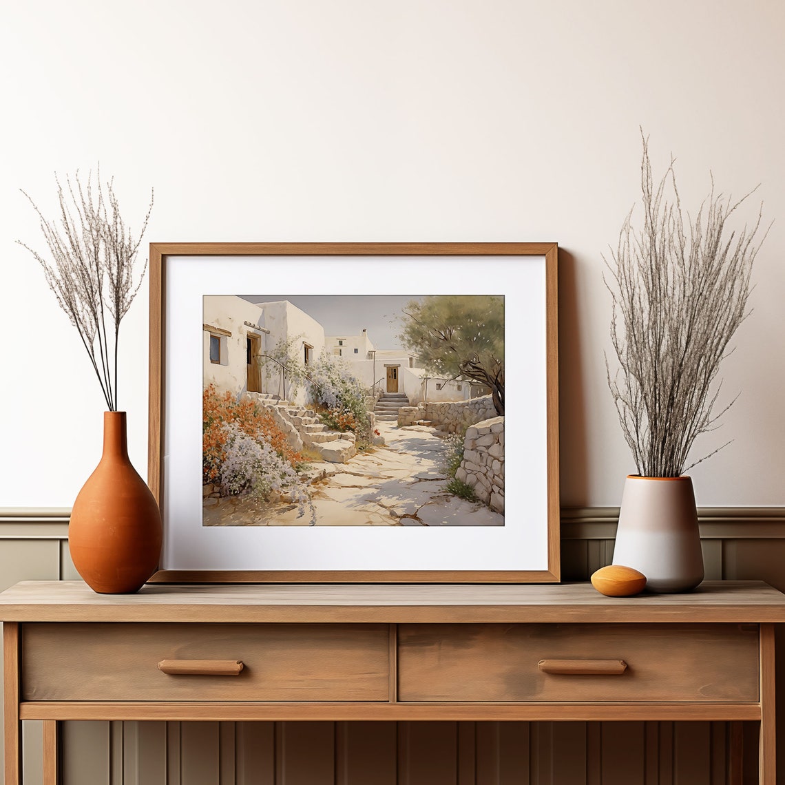 Greek Village Alley Painting Whitewashed Steps Flower Bougain Poster - Image 2