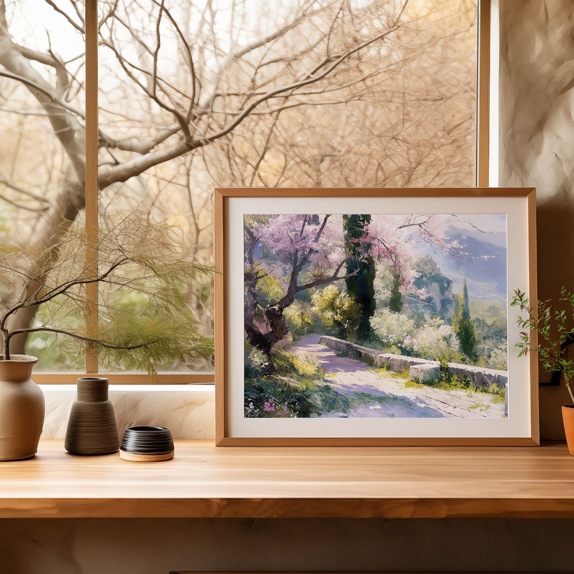Blossom Lane Stone Wall Painting Cypress Trees Valley View Poster - Image 4