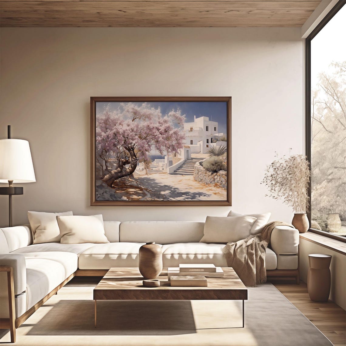 Blossoming Tree Beside Whitewashed Island Houses Vintage Spring Poster - Image 3