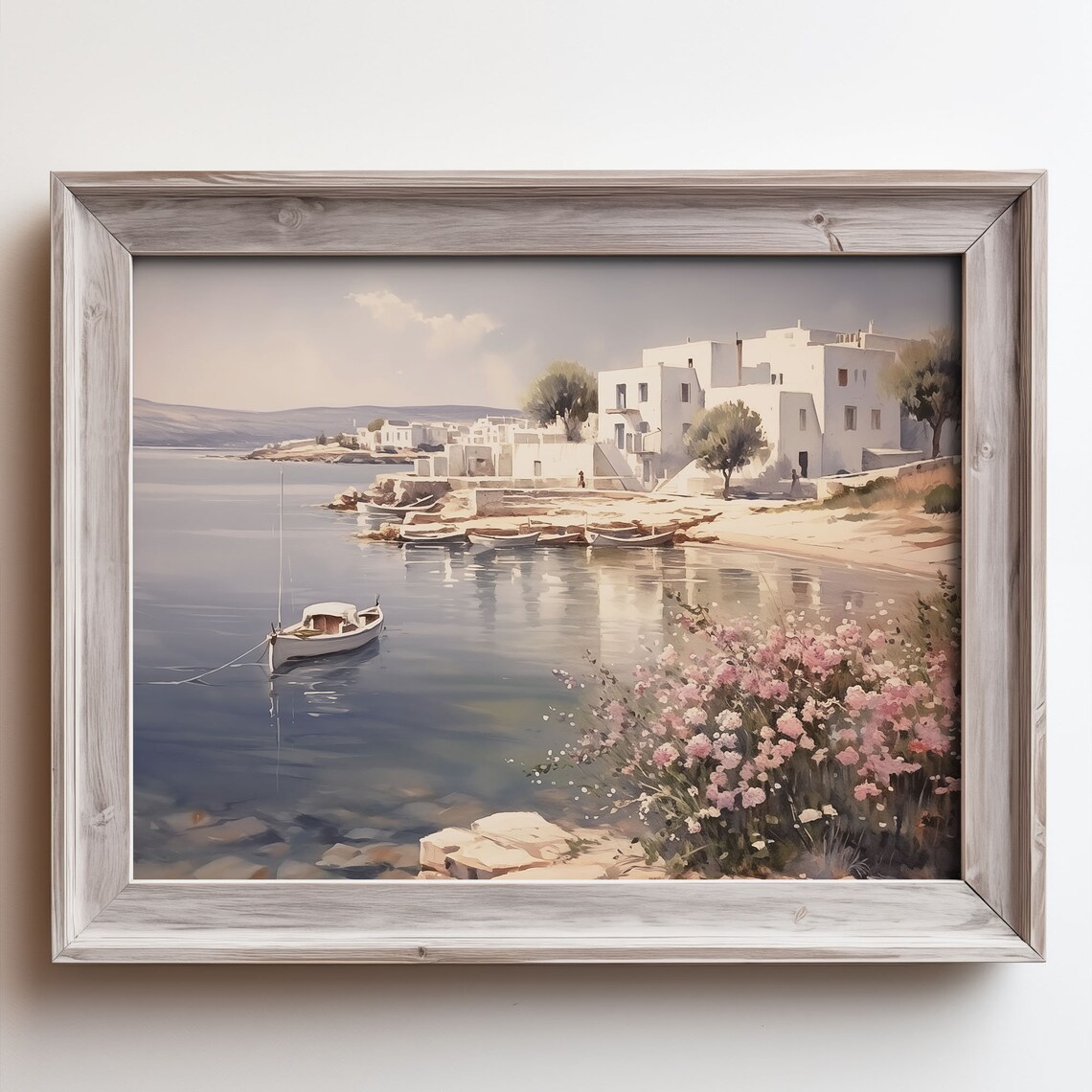 Seaside Fishing Village Harbor Boats White Houses Calm Water Poster