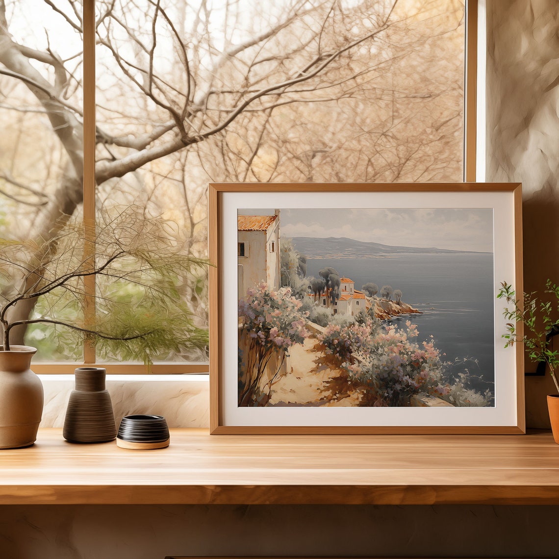Mediterranean Coastal Village Painting Whitewash Sea View Poster - Image 2