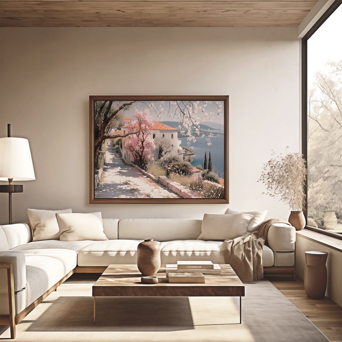 Springtime Cherry Blossom Lane White Villa Overlooking Sea Poster - Image 4