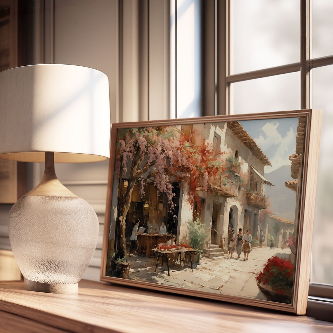 Mediterranean Village Street Cafe Blossoming Tree Oil Painting Poster - Image 3