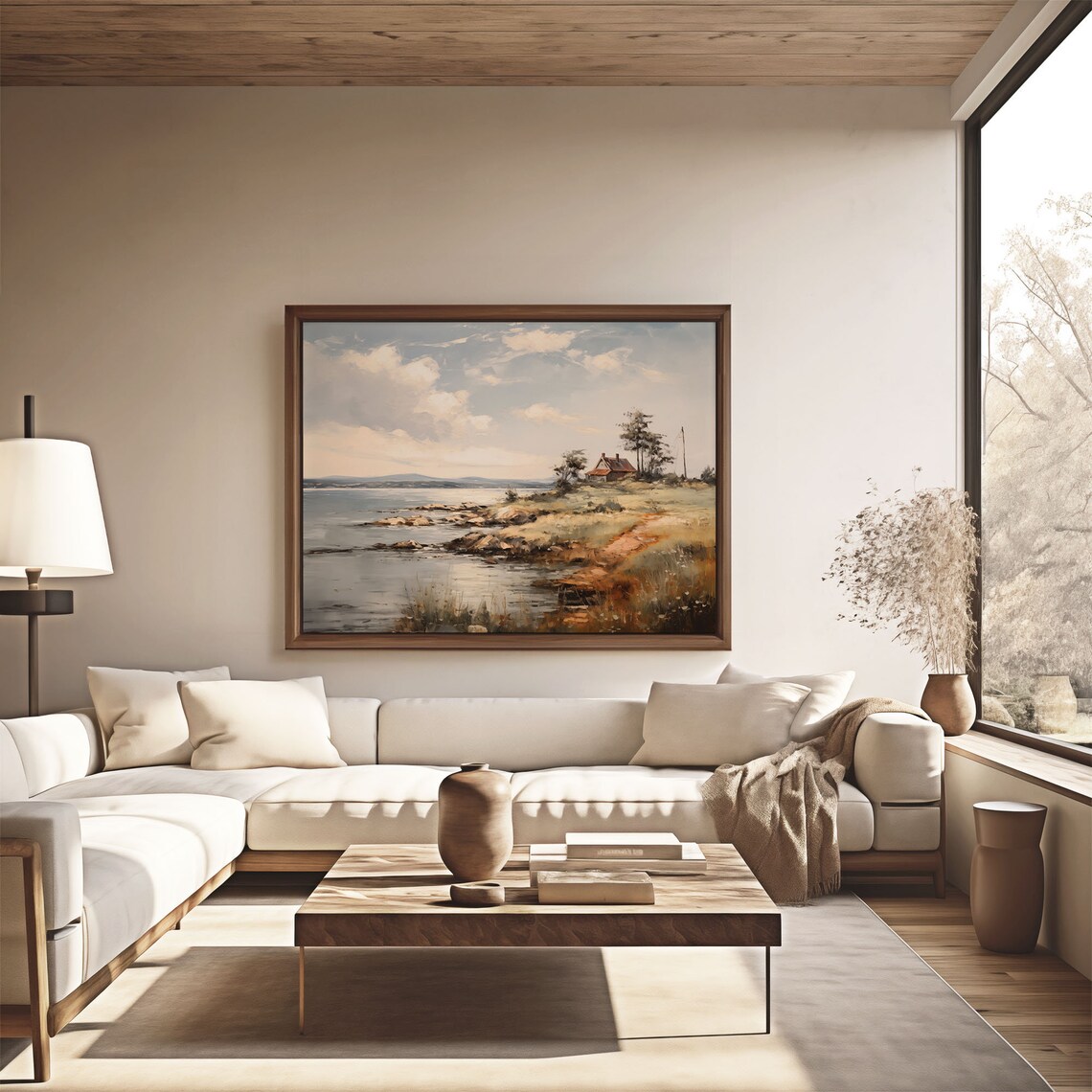 Coastal Cottage Rocky Shore Seascape Antique Oil Painting Poster - Image 4