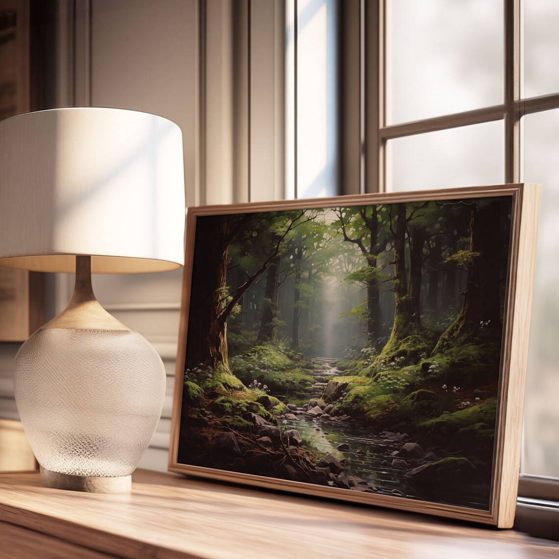 Enchanted Forest Stream Sunlight Through Trees Woodland Painting Poster - Image 3