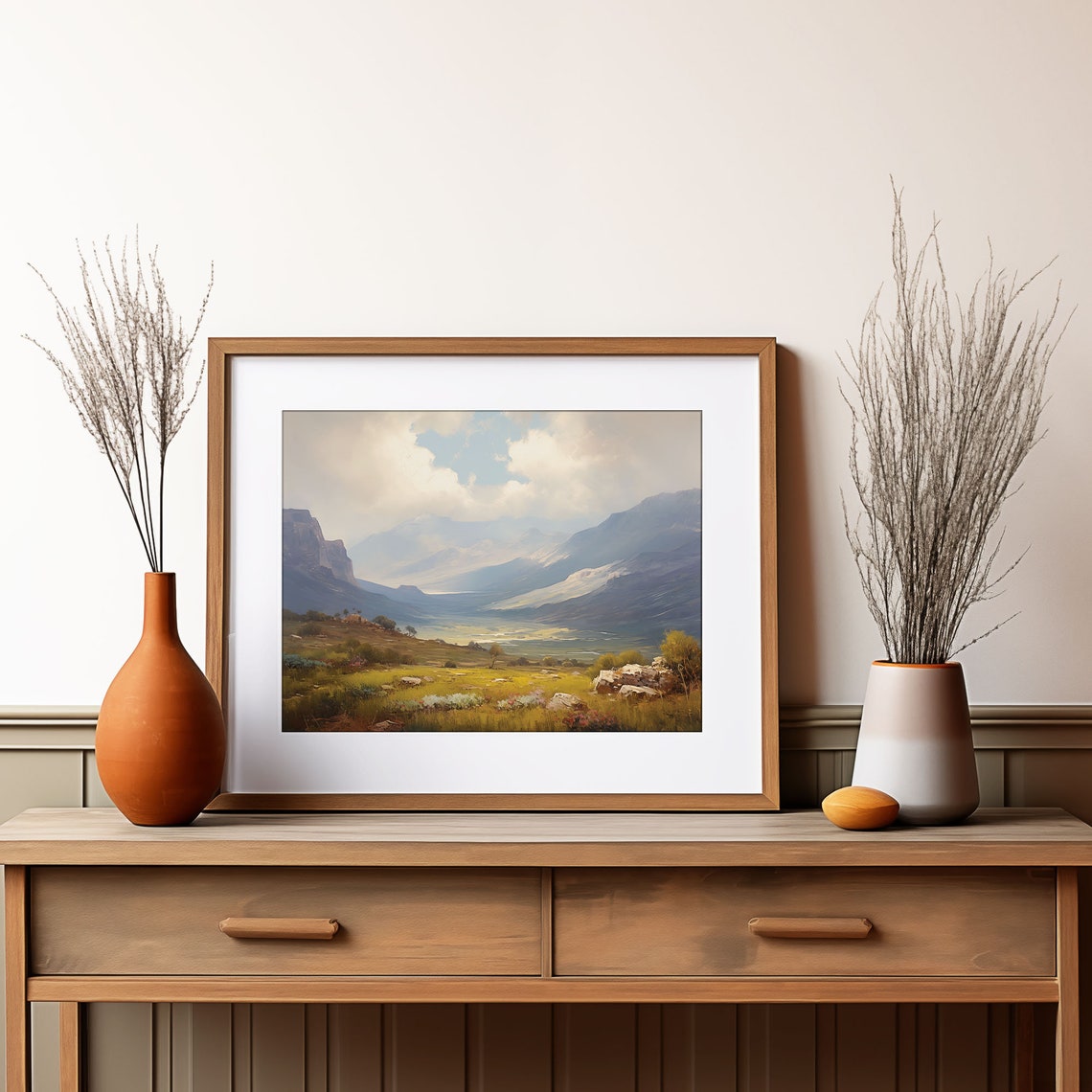 Misty Mountain Valley Painting Golden Meadow Rock Peaks Poster - Image 2