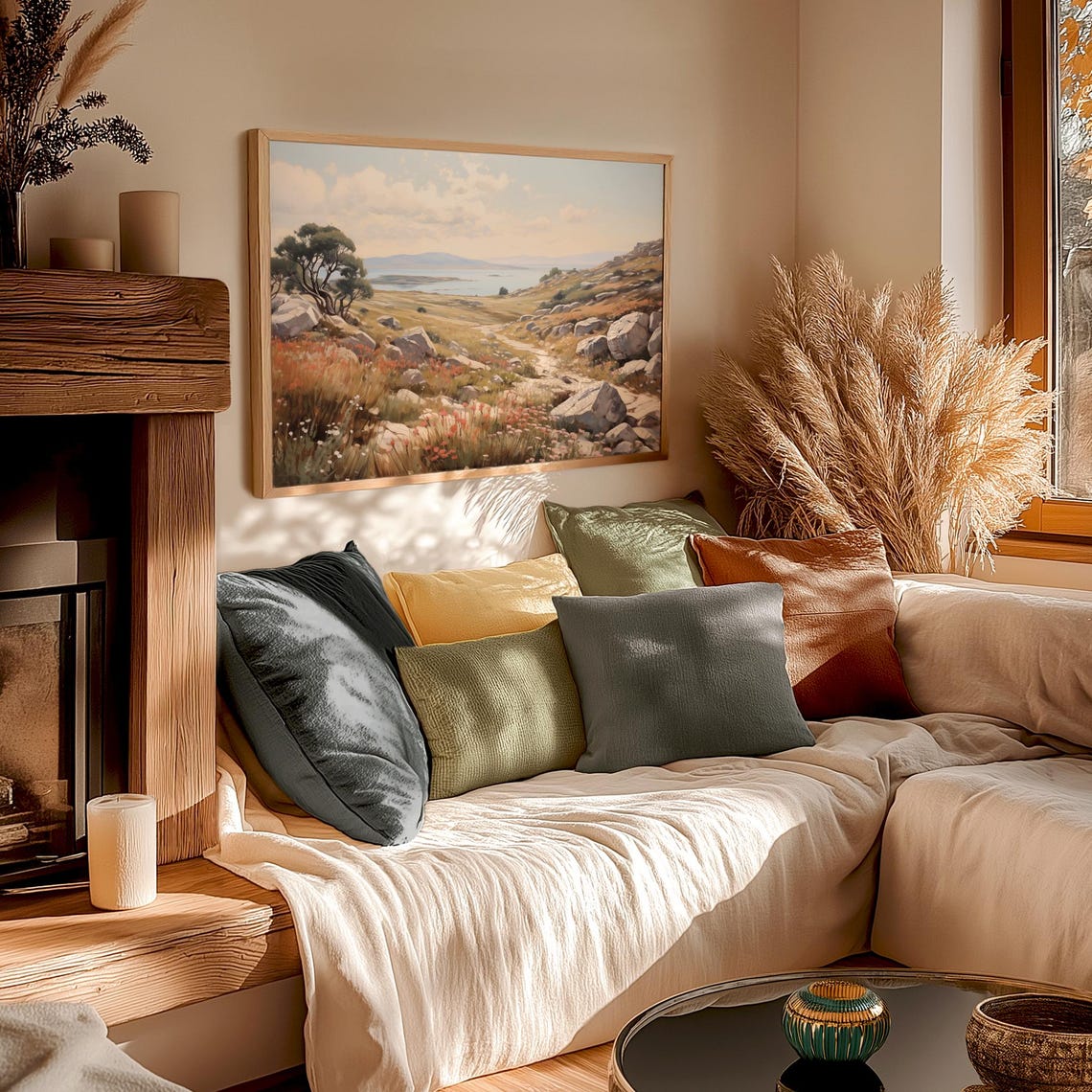 Rocky Hillside Wildflower Path Painting Bay Islands Ocean View Poster - Image 3