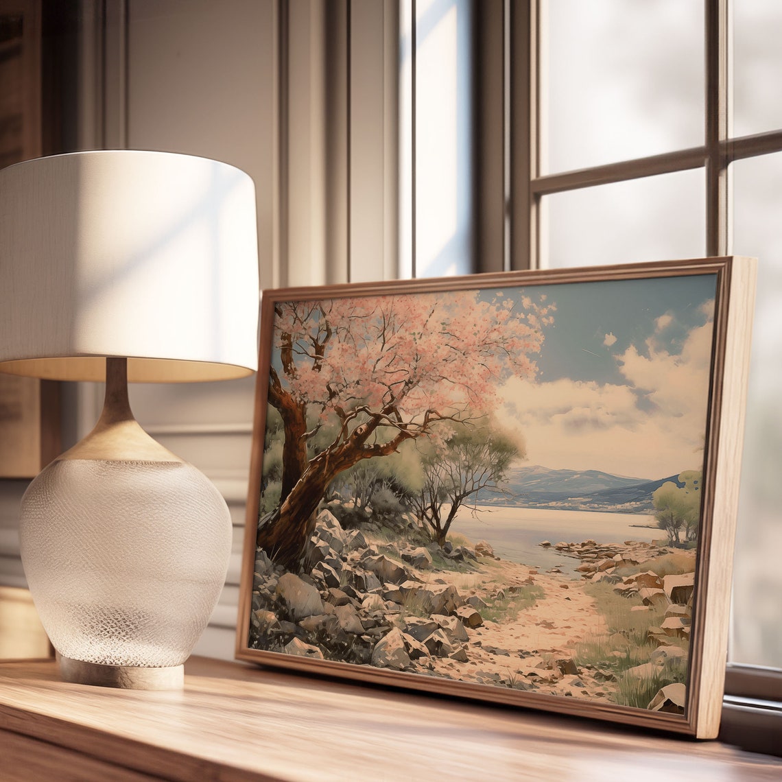 Springtime Pink Blossom Tree Rocky Beach Calm Bay Shore Scene Poster - Image 3
