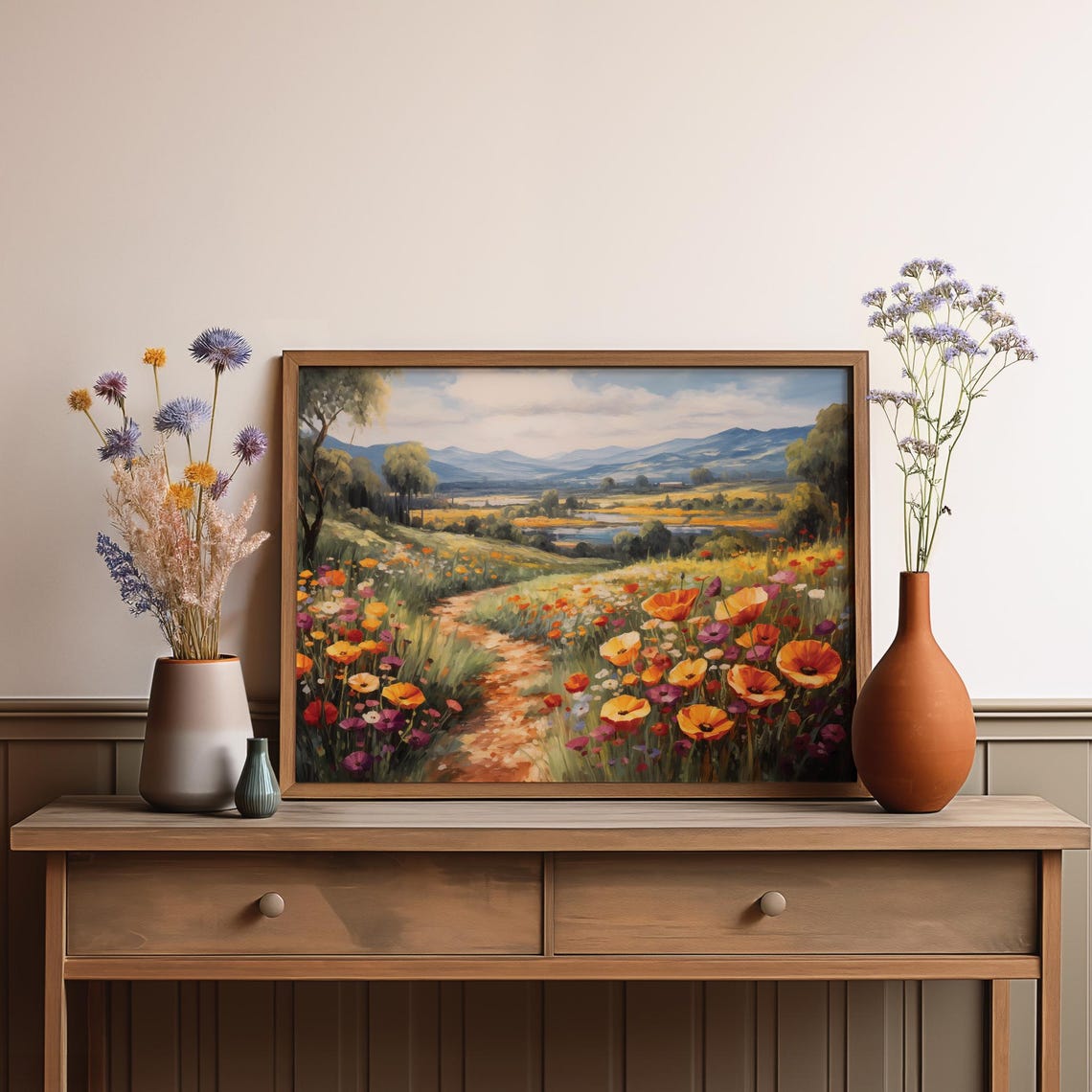 Vibrant Poppy Meadow Painting Winding Trail Mountain Valley Poster - Image 3