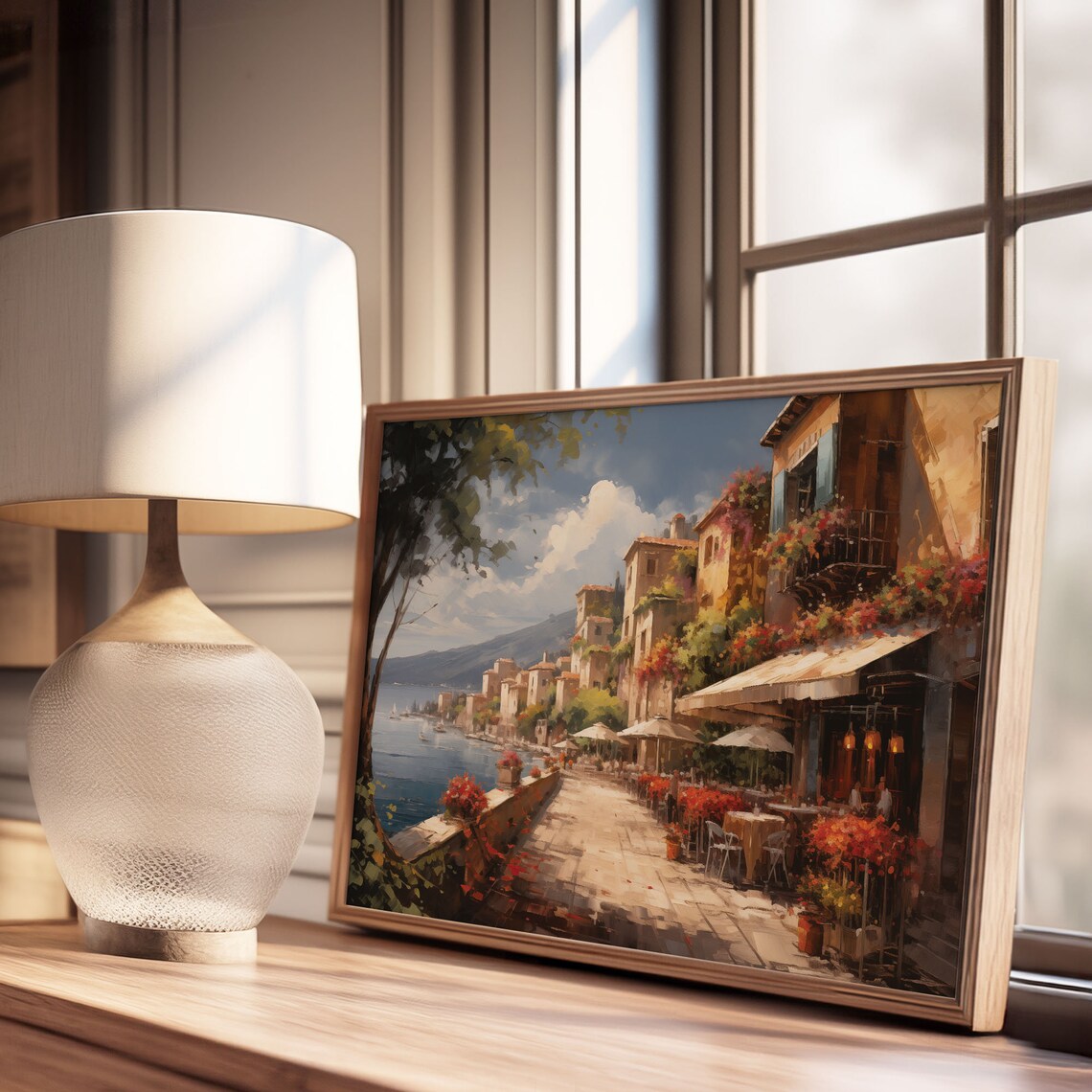 Mediterranean Seaside Village Café Promenade Oil Painting Poster - Image 3