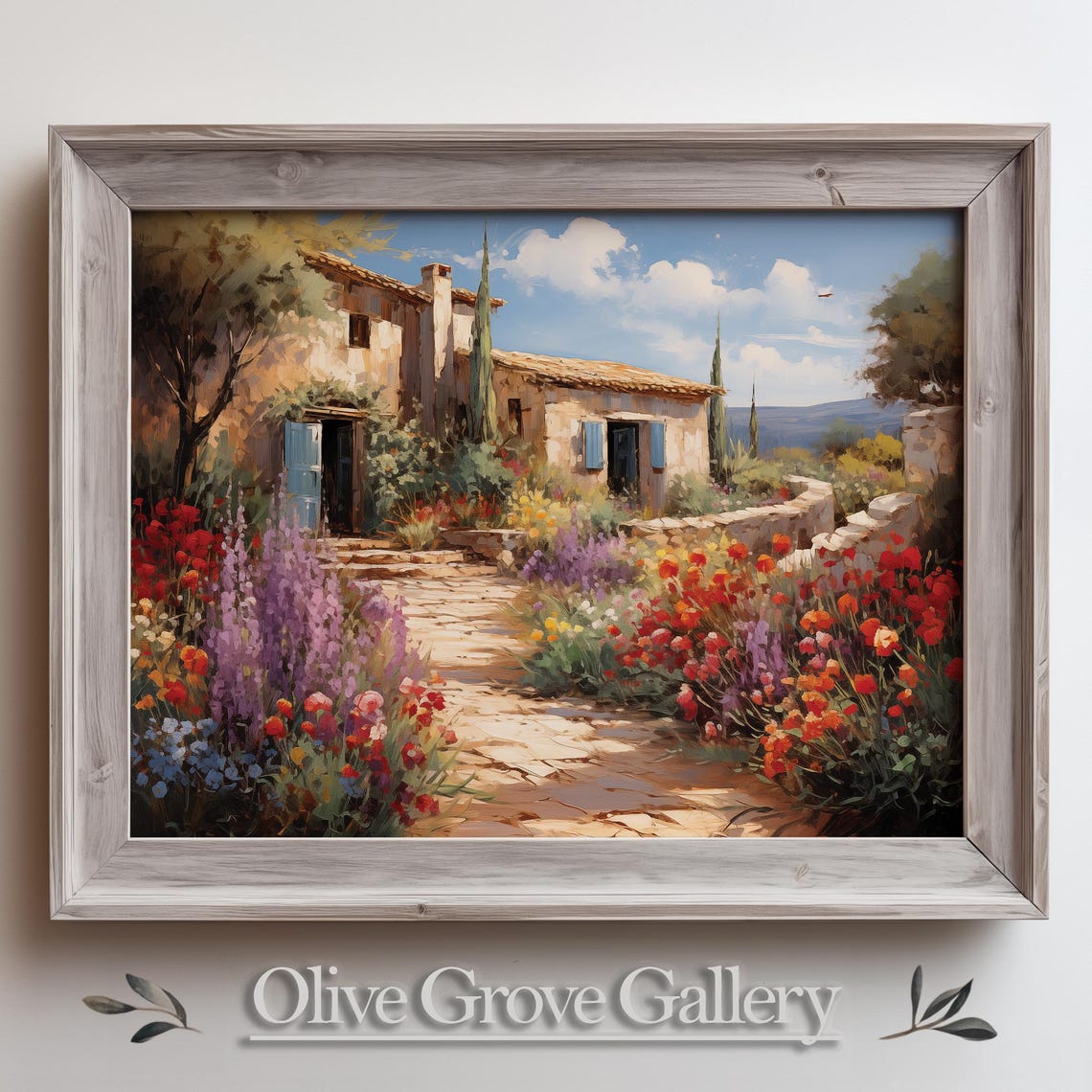 Rustic Stone Cottage Flower Path Blue Shutters Oil Painting Poster