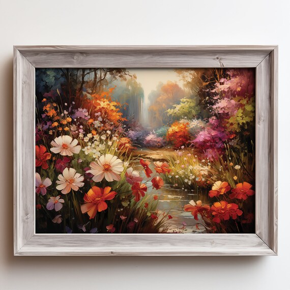 Flower Garden Stream Poppies Daisies Lush Bloom Oil Painting Poster