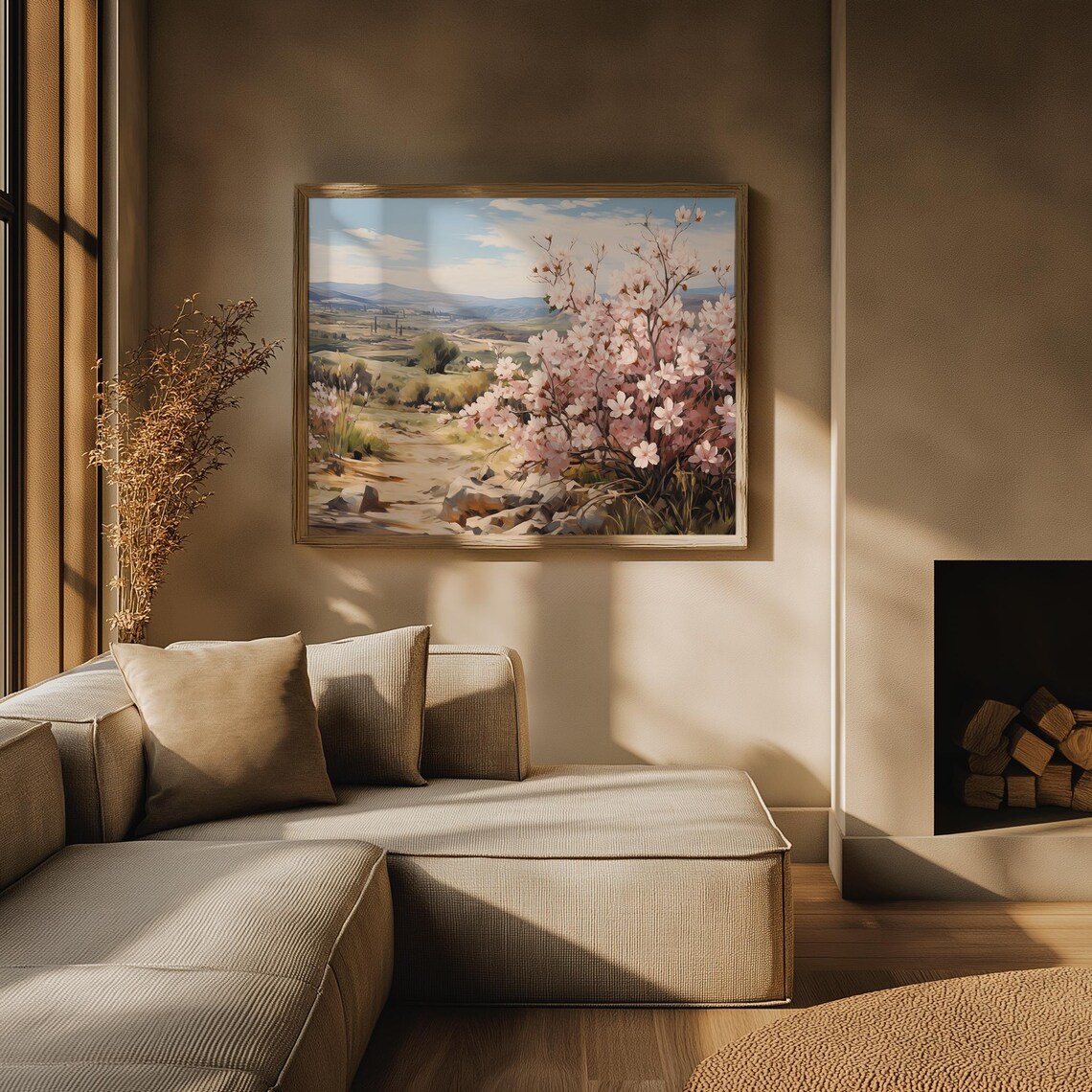 Pink Cherry Blossom Valley Mountain Spring Oil Painting Poster - Image 3