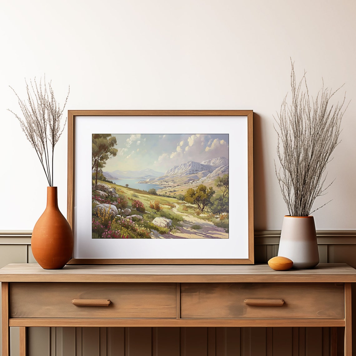 Hillside Wildflower Lake Painting Rocky Mountain Blue Shore Poster - Image 2