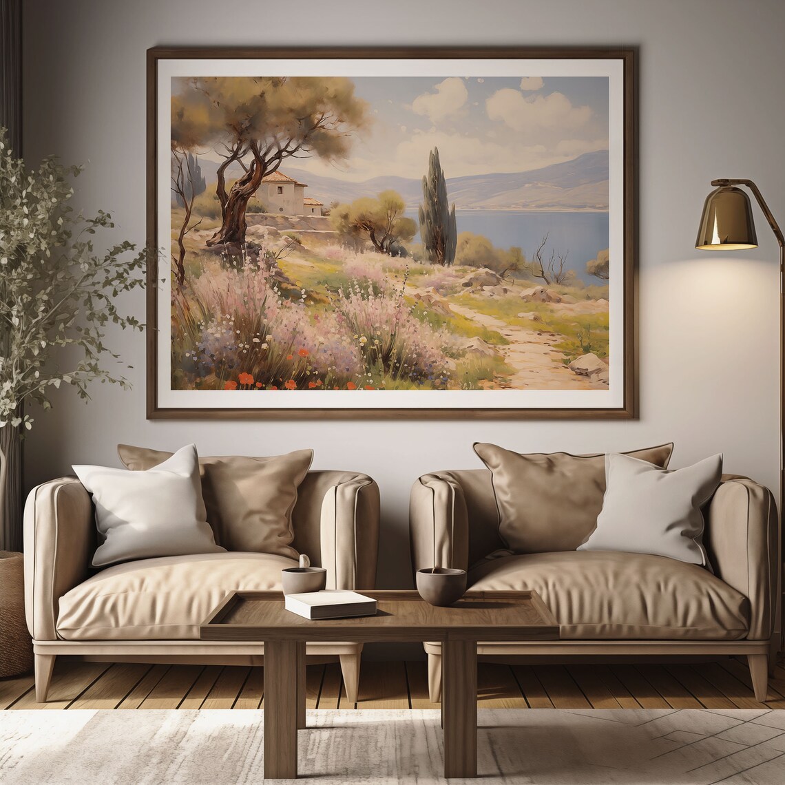 Mediterranean Coastal Villa Olive Trees Seascape Oil Painting Poster - Image 2