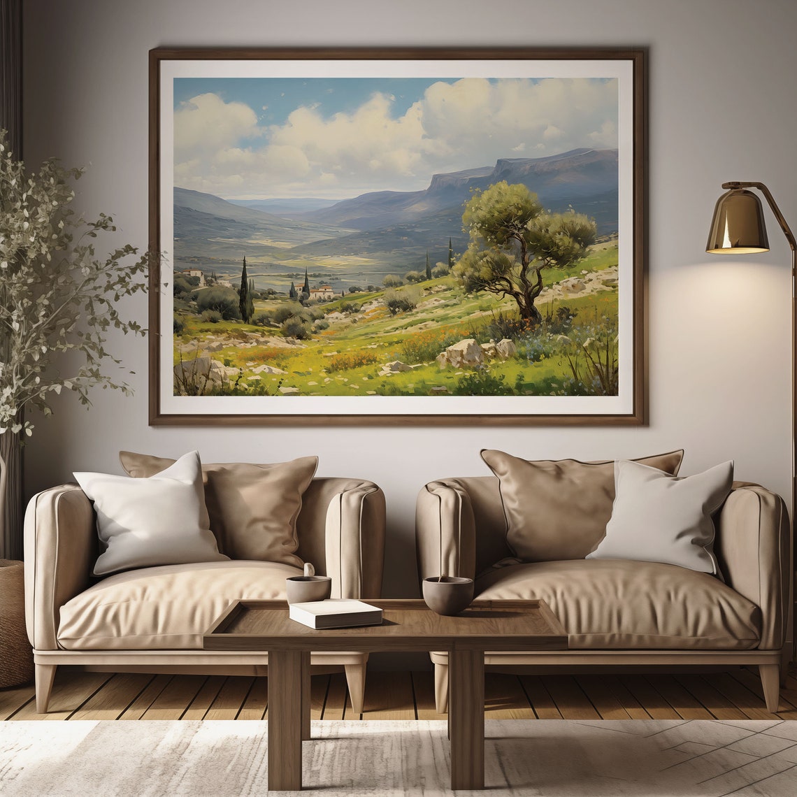 Mediterranean Valley Olive Tree Painting Village Mountain View Poster - Image 3