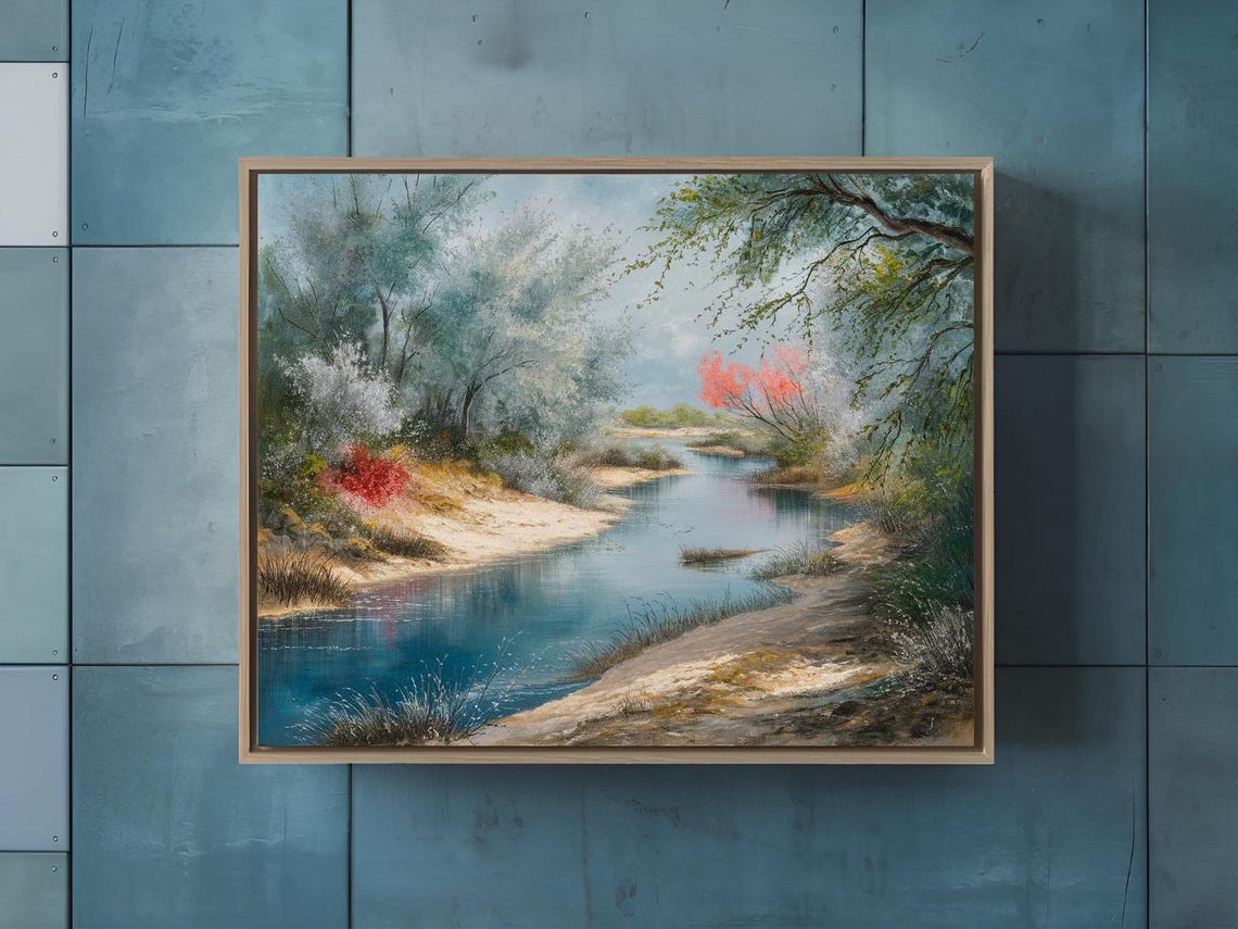 Serene Winding Stream Soft Trees Sandy Banks Impressionist Poster - Image 2
