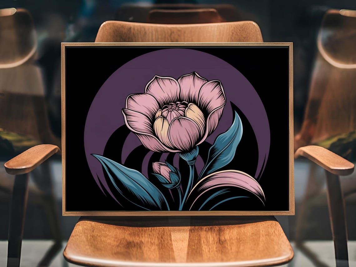 Pink Bloom With Teal Leaves Dark Graphic Botanical Art Poster - Image 3