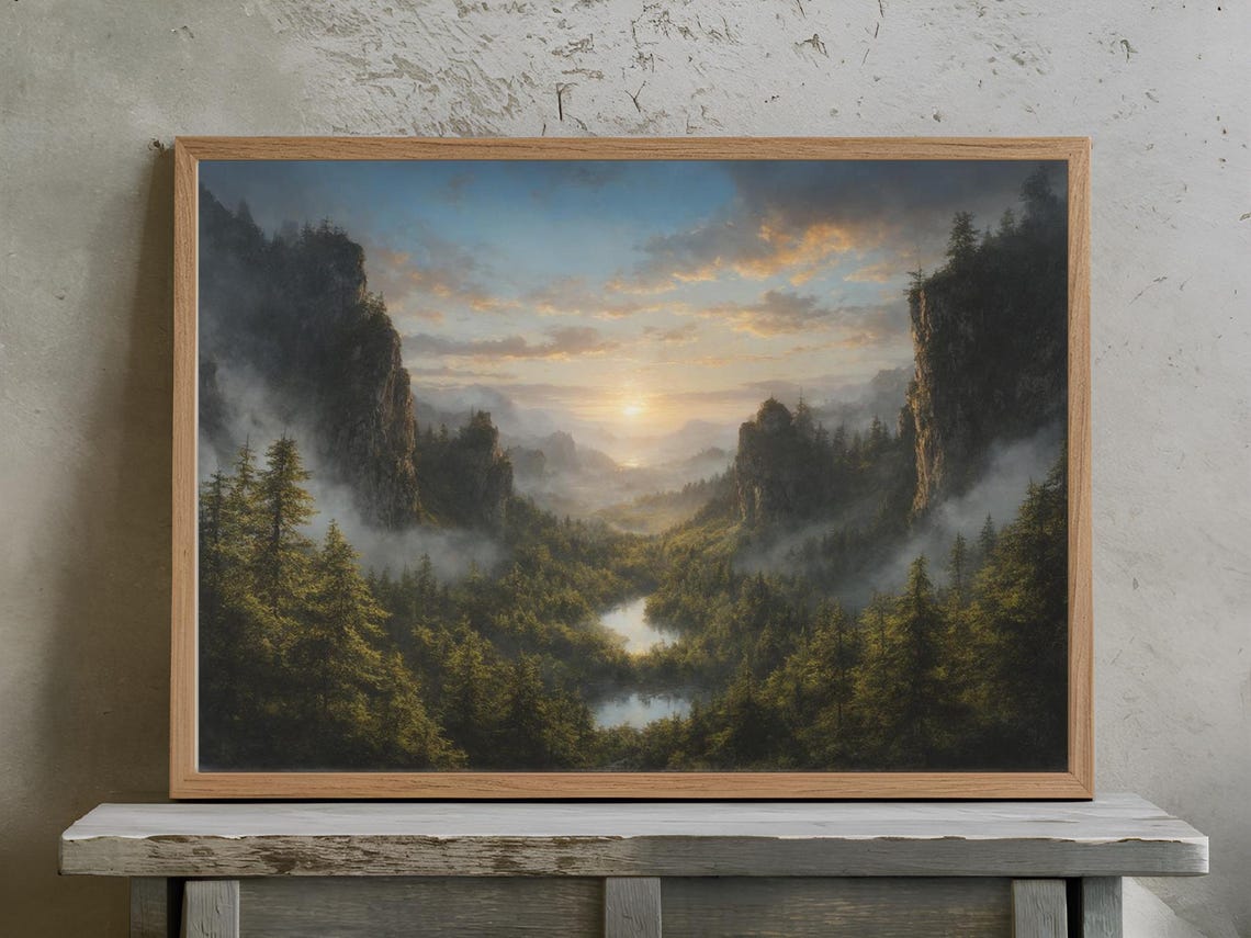 Foggy Pine Forest Valley With River and Cliffs at Sunrise Poster - Image 3
