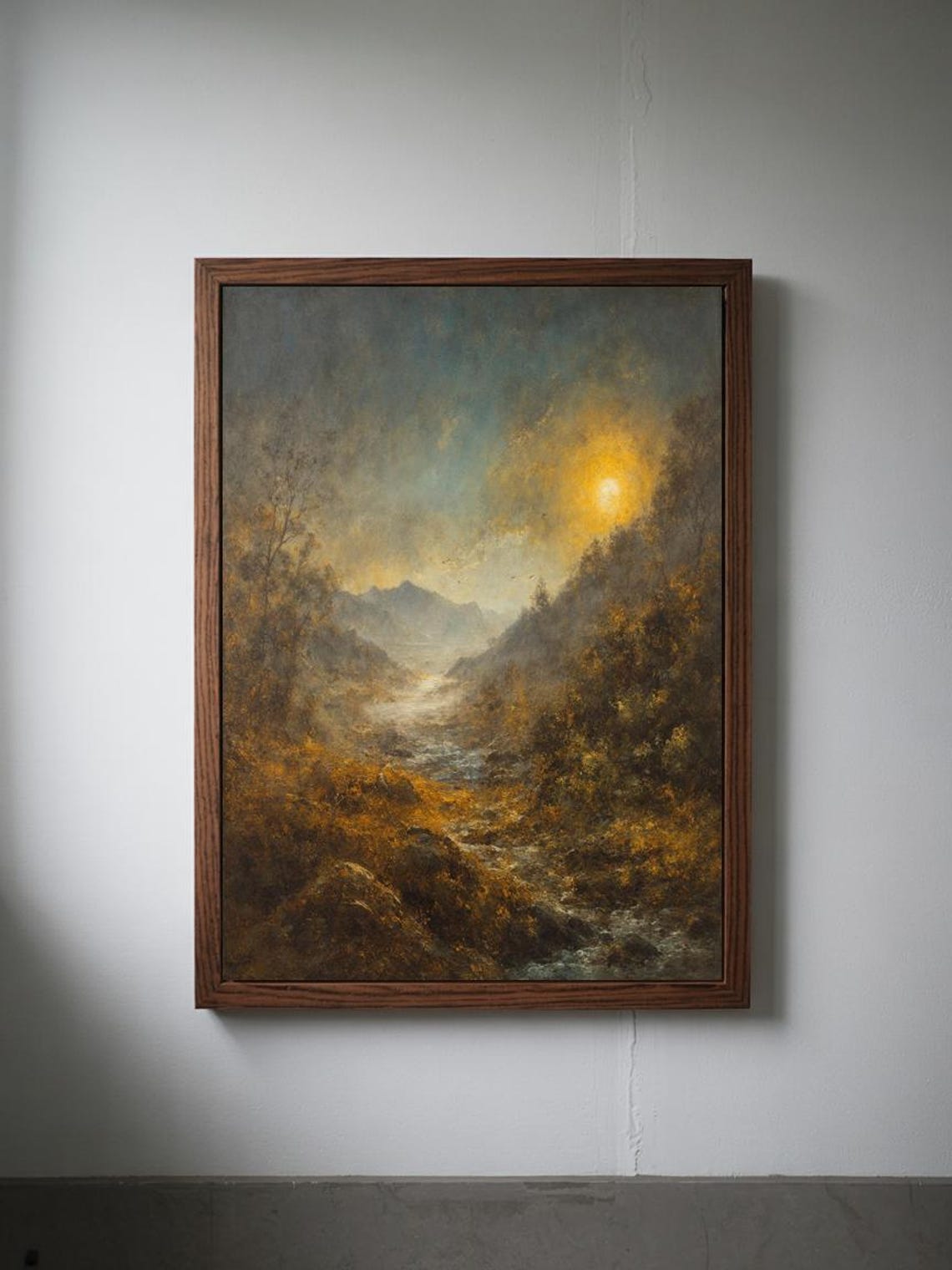 Golden River Valley Impressionist Sunset Mountains Vintage Poster - Image 3