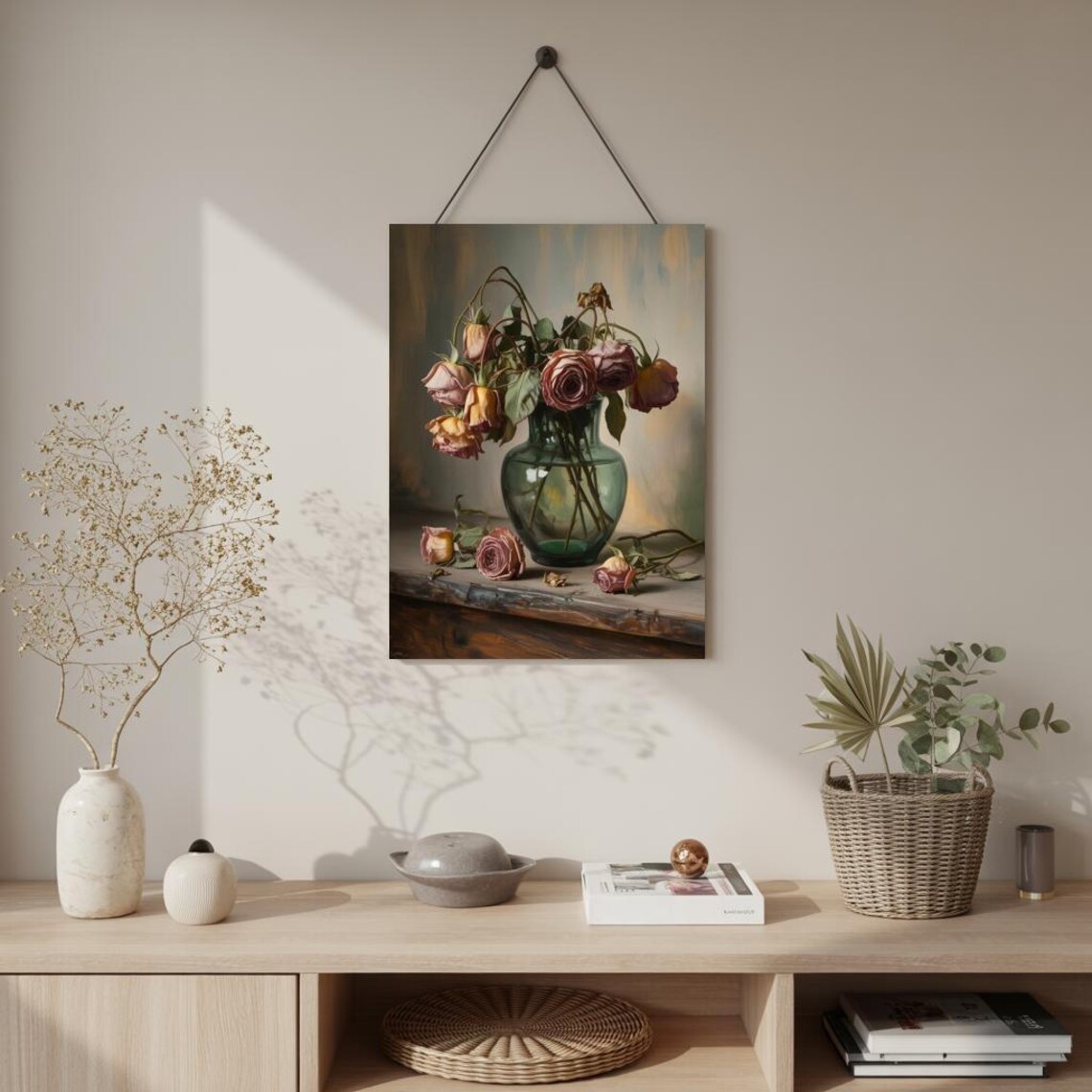 Faded Roses In Green Glass Vase Moody Floral Still Life Poster - Image 3