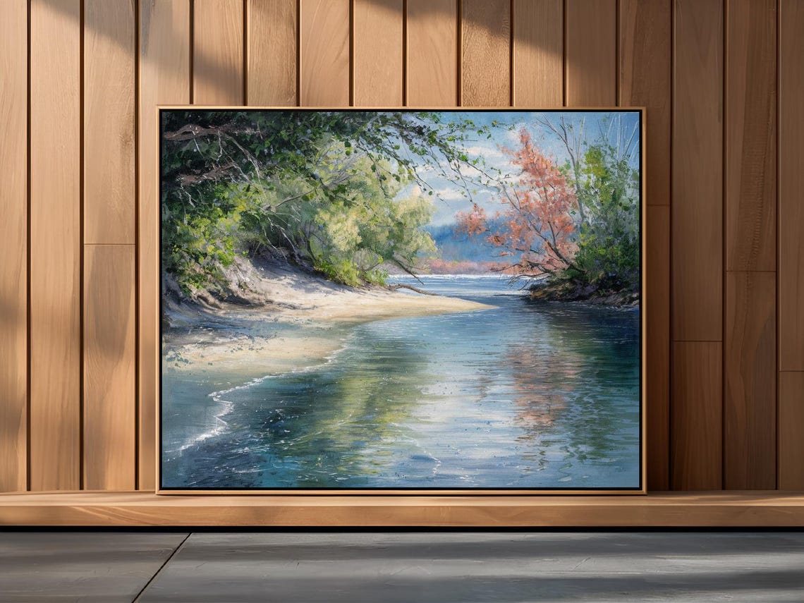 River Bend Sandy Shore Lush Trees Impressionist Water Landscape Print