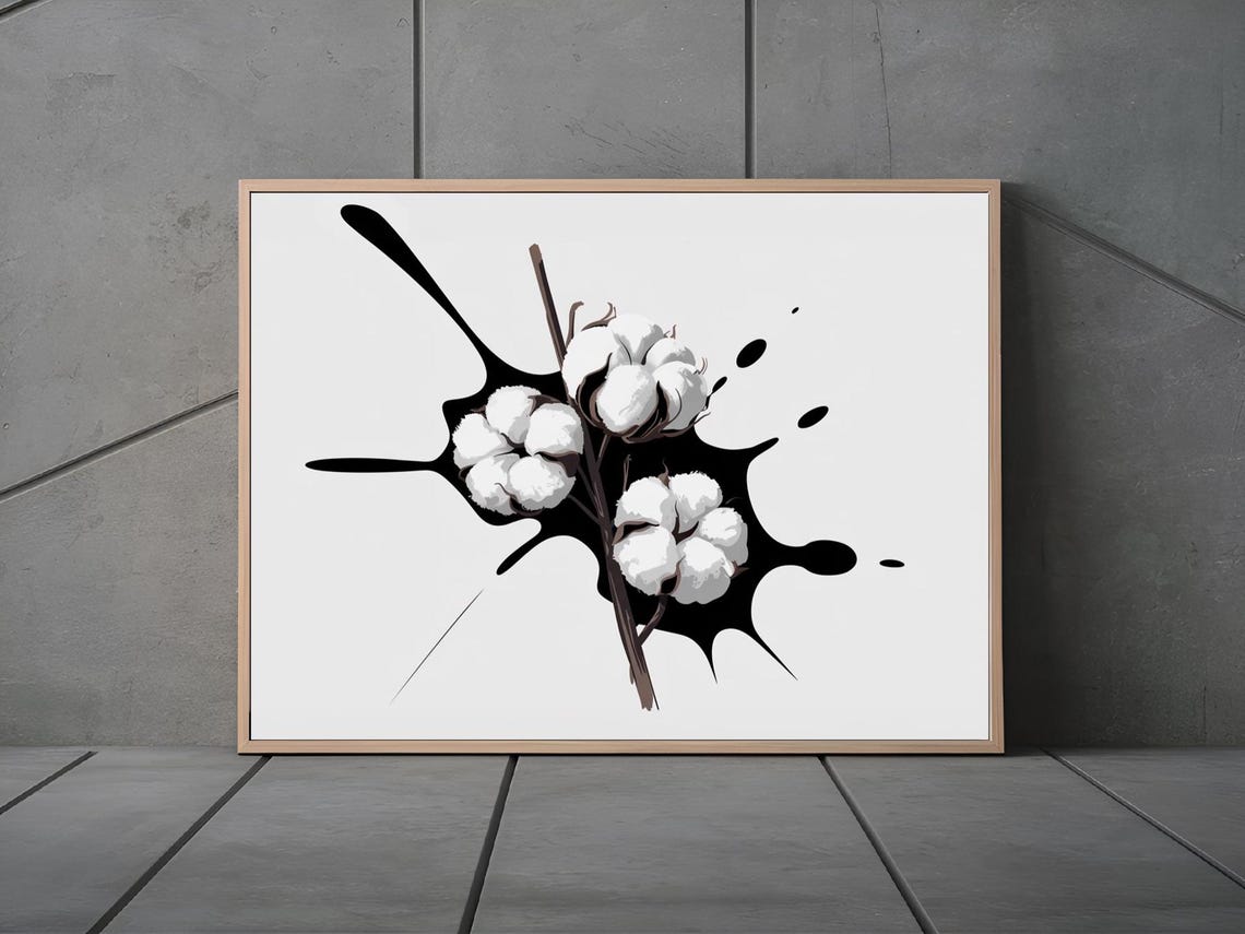 Cotton Bolls Branch With Ink Splatter Minimal Botanical Poster