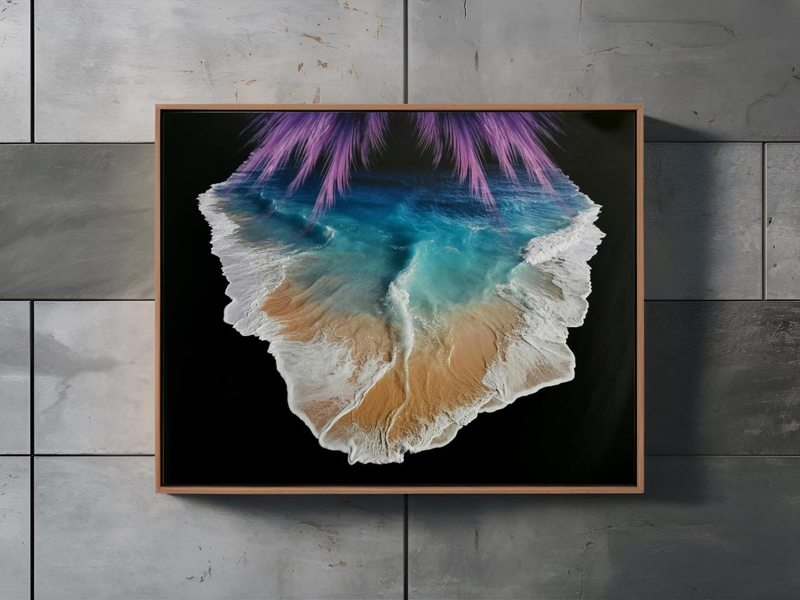 Aerial Tropical Beach Turquoise Waves Sand Palm Fronds Wall Art - Image 2