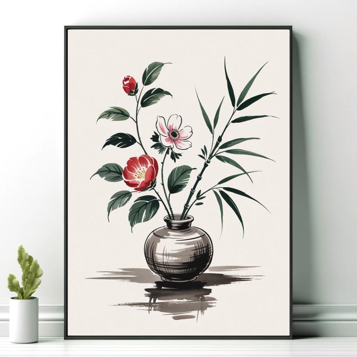Japanese Style Flower Vase Ink Camellia Bamboo Botanical Poster - Image 3