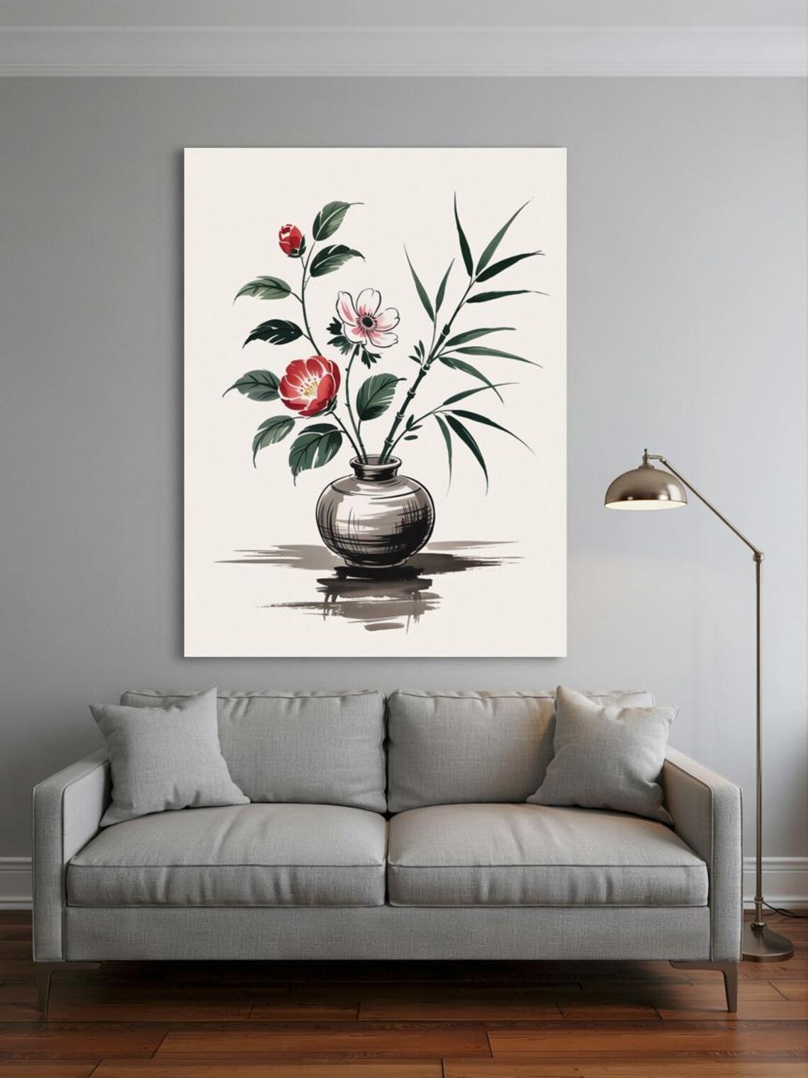 Japanese Style Flower Vase Ink Camellia Bamboo Botanical Poster - Image 2