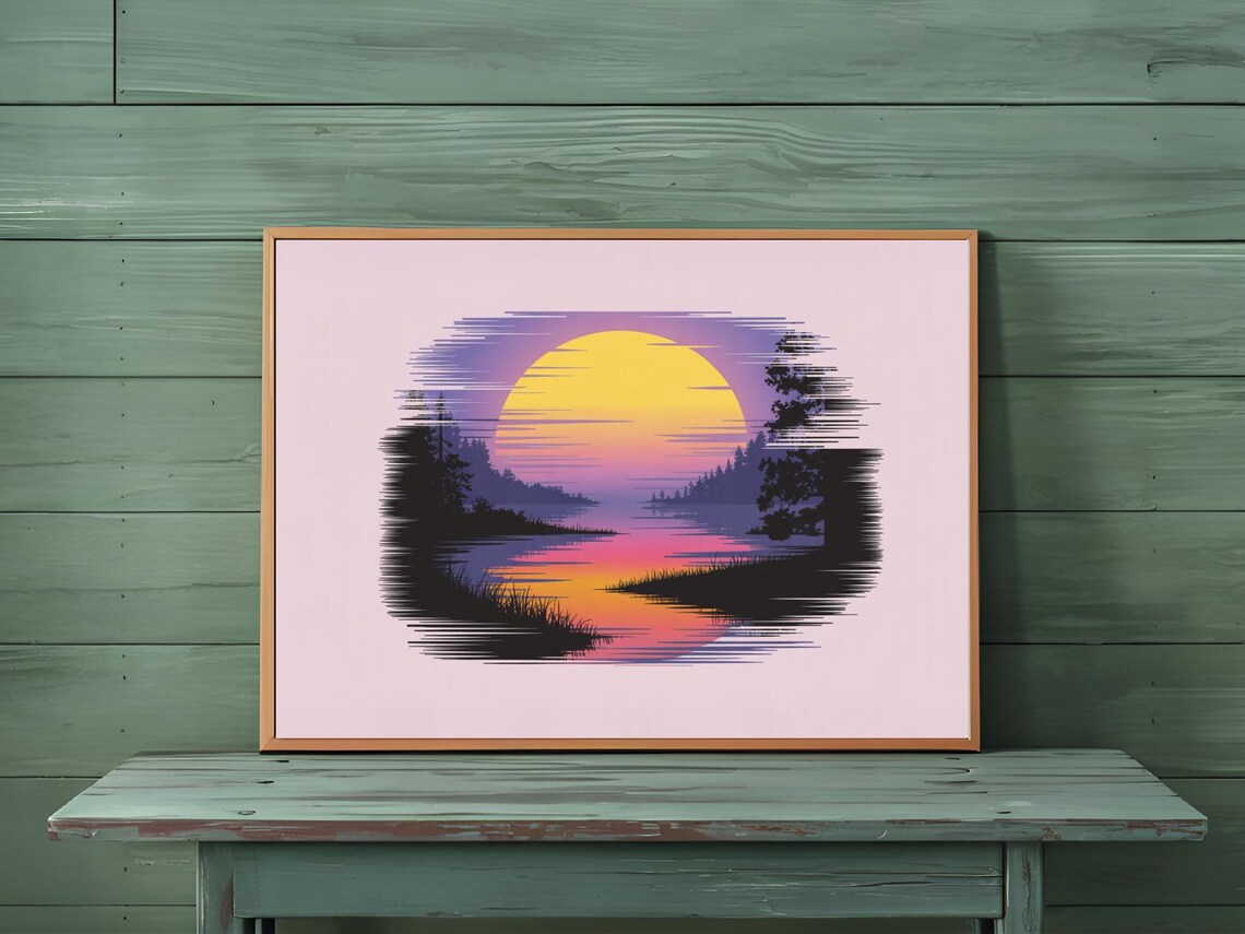 Vibrant Sunrise Over Lake With Yellow Sun Pink Sky Nature Poster