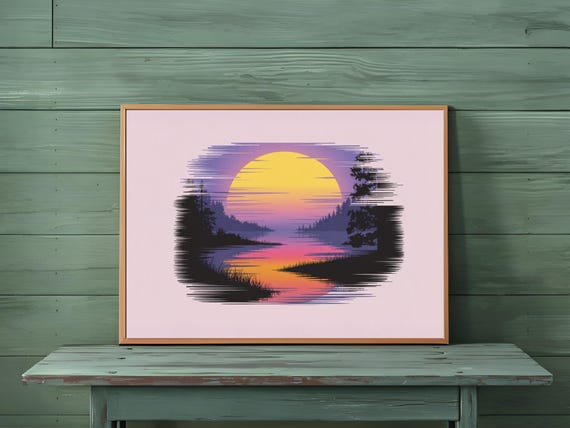 Vibrant Sunrise Lake Minimalistic Art Print Nature Decor Wall Room