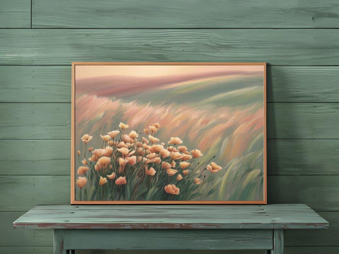 Orange Poppy Field Windy Meadow Pastel Flower Landscape Poster - Image 2