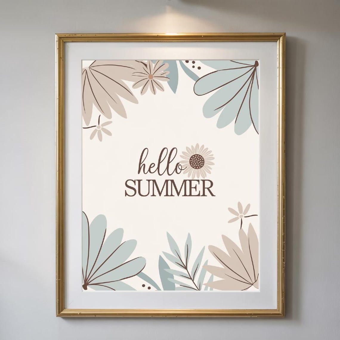 Hello Summer Minimal Boho Neutral Corner Leaves Botanical Poster - Image 3