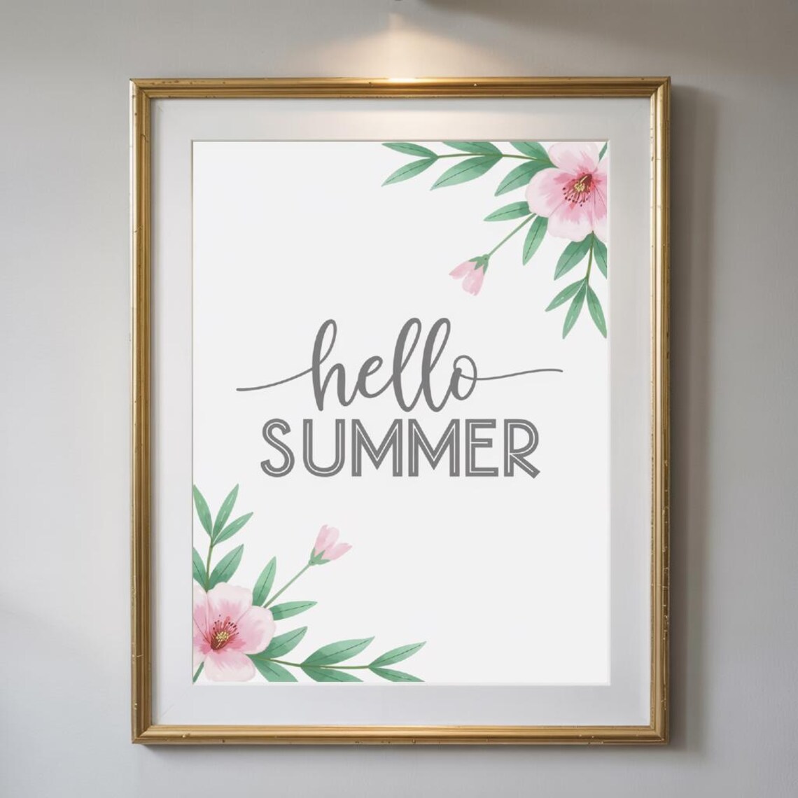 Hello Summer Gray Script Pink Watercolor Floral Corners Seasonal Print - Image 2